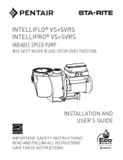 Pentair IntelliPro VS SVRS Variable Speed Pump IntelliFlo VSSVRS and IntelliPro VSSVRS Installation guide -- English