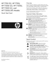 HP T750J HP T750 G2, HP T750J, HP T1000 G3, HP T1000J, HP T1500 G3, and HP T1500J UPS Models Quick Start Card