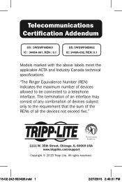 Tripp Lite TRAVELER100BT Telecommunications Certification Addendum 933428 (Multi-language)