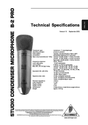 Behringer DUAL DIAPHRAGM CONDENSER MICROPHONE B-2 PRO Specifications Sheet