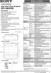 Sony VPLSW525C Specification Sheet (VPL-SW525C Spec Sheet)