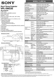 Sony VPLSW235 Specification Sheet (VPL-SW235 Spec Sheet)
