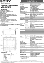 Sony VPLSW525 Specification Sheet (VPL-SW525 Spec Sheet)