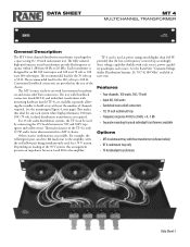 Rane KT4 MT 4 Transformer Data Sheet / Manual