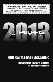 2013 Polaris 800 Switchback Assault Owners Manual